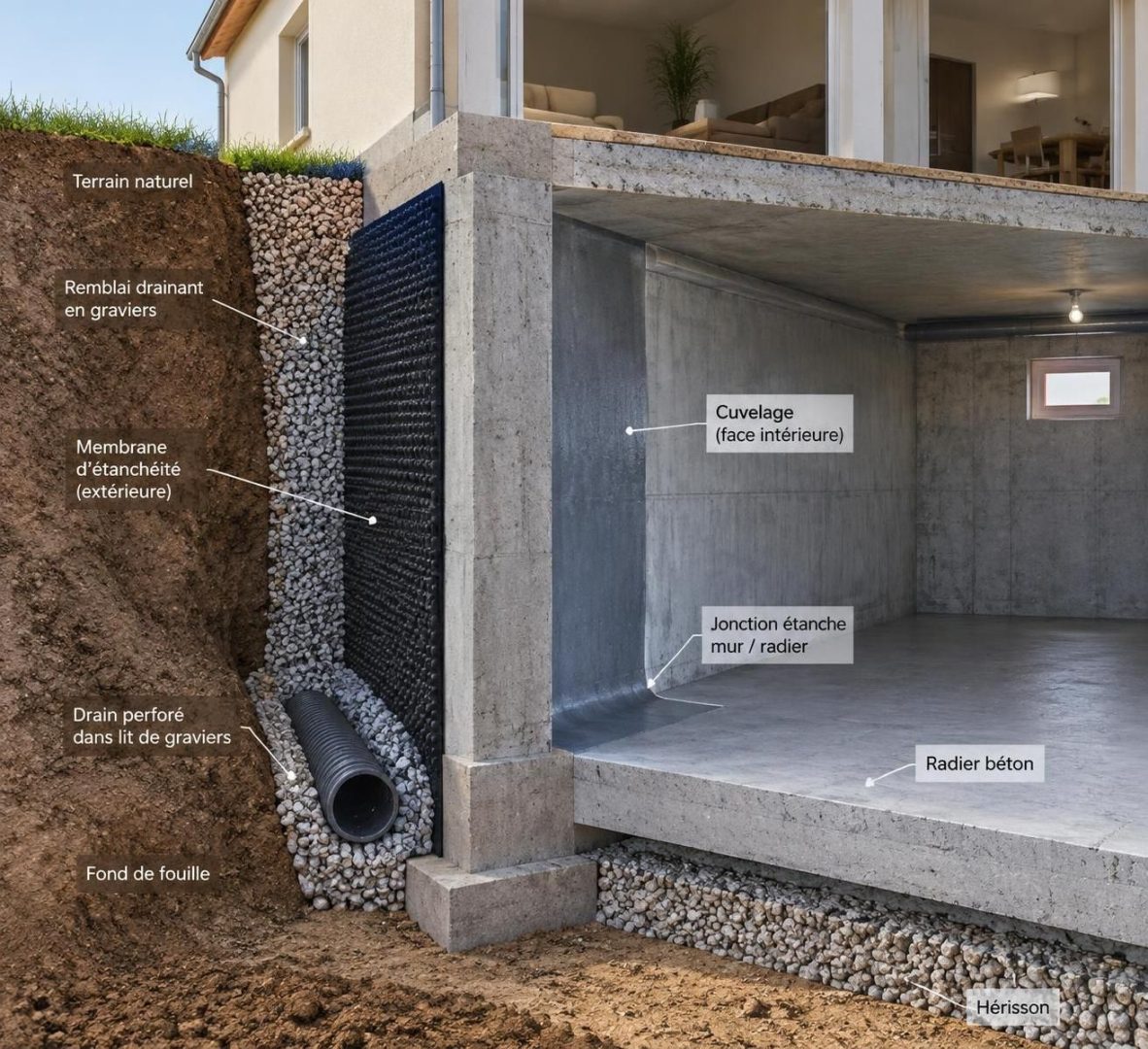 humidité sur un mur enterré : découvrez quand choisir un drain ou un cuvelage selon l’origine des infiltrations et la configuration de votre maison.